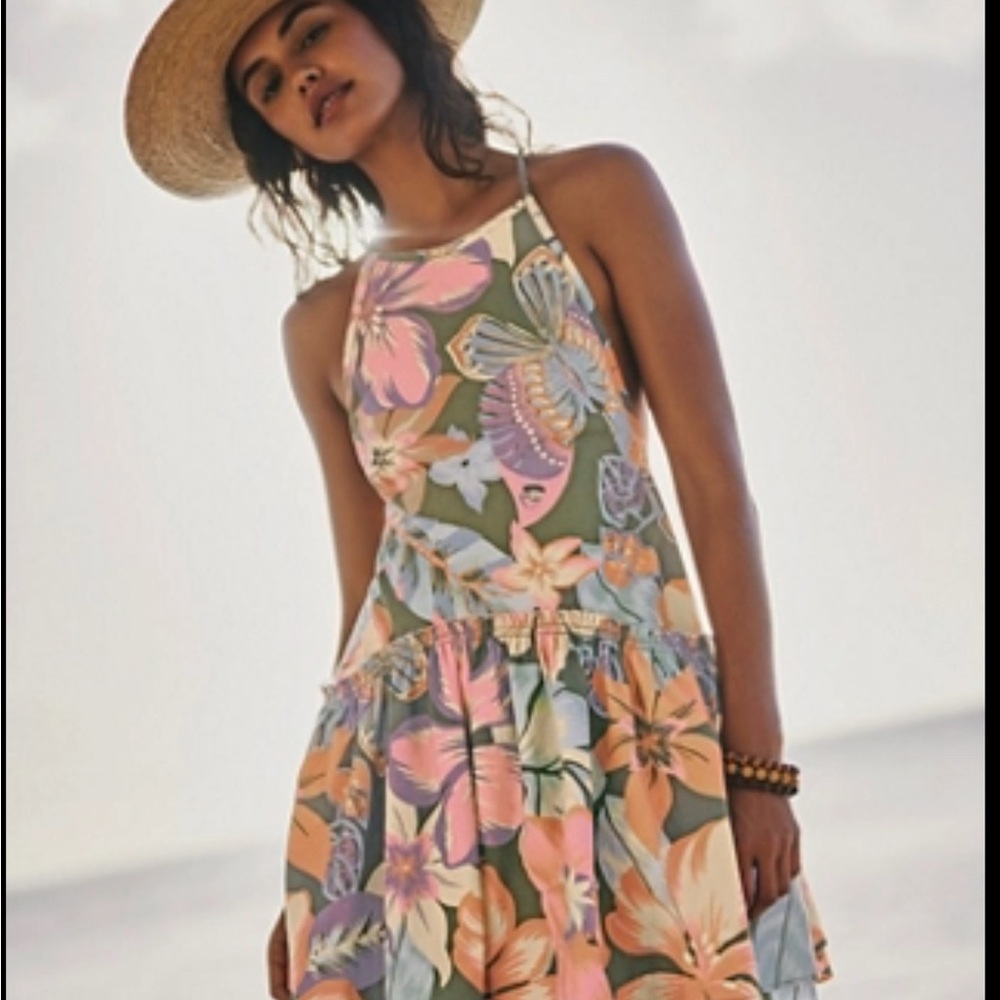 Free People Pink and Green Tiered Ruffled Halter Sundress